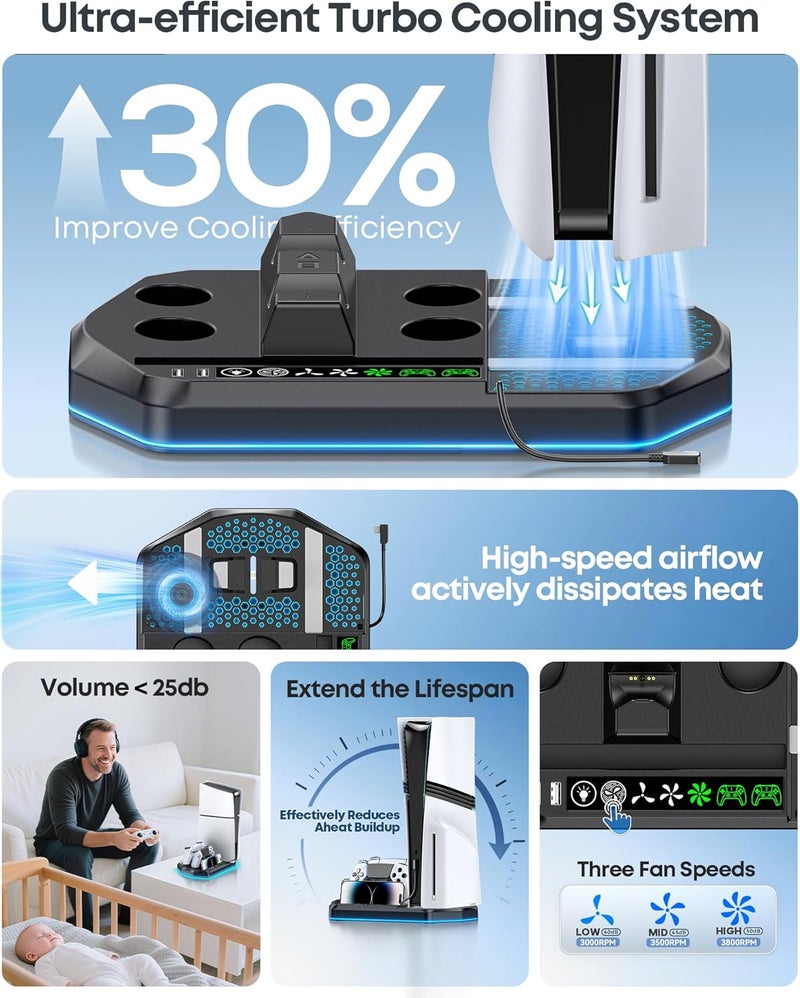 Gersker Cooling Station with Dual Controller Charger Compatible with PlayStation 5/Slim/Pro Console, PS5 Cooling Stand Vertical, 3 Level Cooler Fan, PS5 Accessories Base Docking Station, Black - Image 2